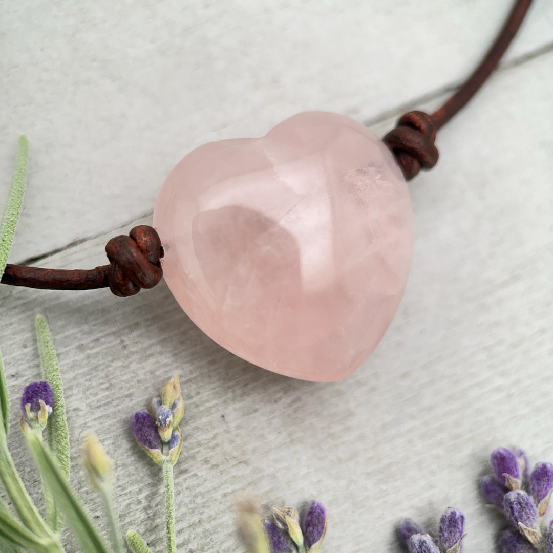 Rose Quartz Heart Pendant Necklace – Polished Pink Gemstone on Brown Leather Cord – Light Pink Healing Crystal - Handmade in the USA - SunlightSilver