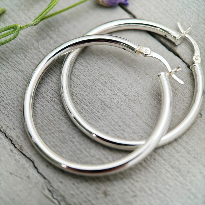 Sterling Silver Hoop Earrings 1.5 inch | 40mm x 3mm Thick Silver Filled Hoops, Bold Lightweight Hinged | Everyday Statement Silver Jewelry - SunlightSilver