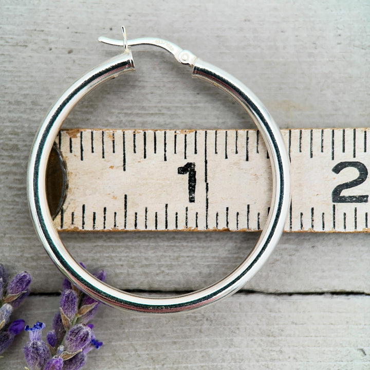 Sterling Silver Hoop Earrings 1.5 inch | 40mm x 3mm Thick Silver Filled Hoops, Bold Lightweight Hinged | Everyday Statement Silver Jewelry - SunlightSilver