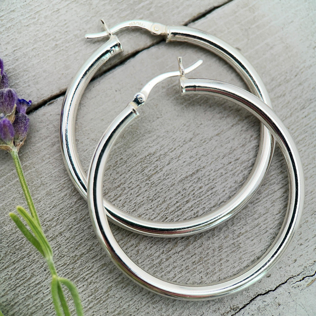 Sterling Silver Hoop Earrings 1.5 inch | 40mm x 3mm Thick Silver Filled Hoops, Bold Lightweight Hinged | Everyday Statement Silver Jewelry - SunlightSilver
