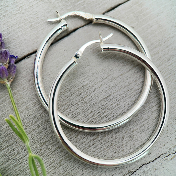 Sterling Silver Hoop Earrings 1.5 inch | 40mm x 3mm Thick Silver Filled Hoops, Bold Lightweight Hinged | Everyday Statement Silver Jewelry - SunlightSilver