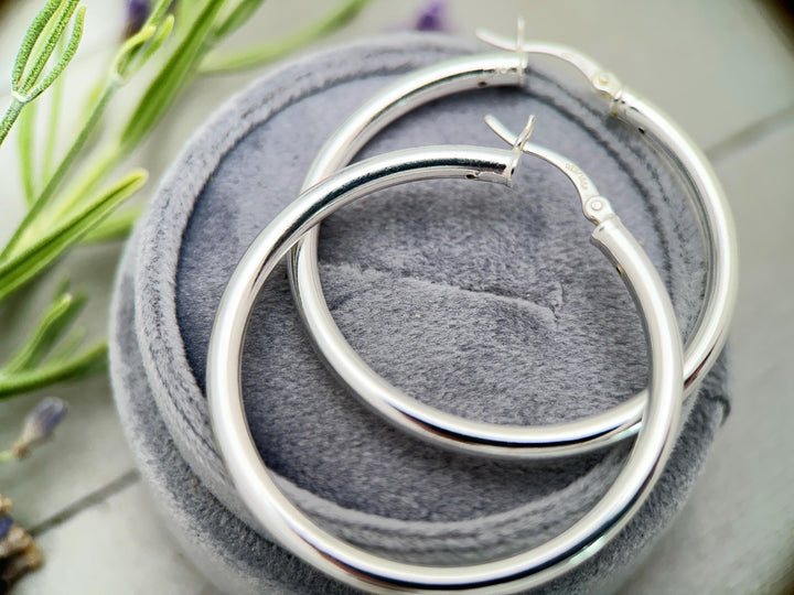 Sterling Silver Hoop Earrings 1.5 inch | 40mm x 3mm Thick Silver Filled Hoops, Bold Lightweight Hinged | Everyday Statement Silver Jewelry - SunlightSilver