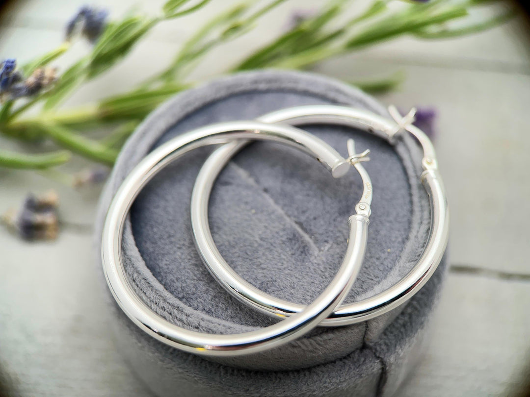 Sterling Silver Hoop Earrings 1.5 inch | 40mm x 3mm Thick Silver Filled Hoops, Bold Lightweight Hinged | Everyday Statement Silver Jewelry - SunlightSilver
