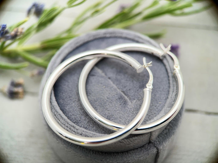Sterling Silver Hoop Earrings 1.5 inch | 40mm x 3mm Thick Silver Filled Hoops, Bold Lightweight Hinged | Everyday Statement Silver Jewelry - SunlightSilver