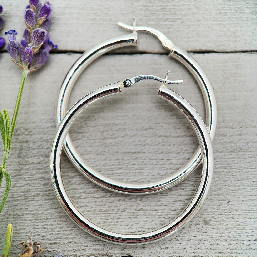 Sterling Silver Hoop Earrings 1.5 inch | 40mm x 3mm Thick Silver Filled Hoops, Bold Lightweight Hinged | Everyday Statement Silver Jewelry - SunlightSilver