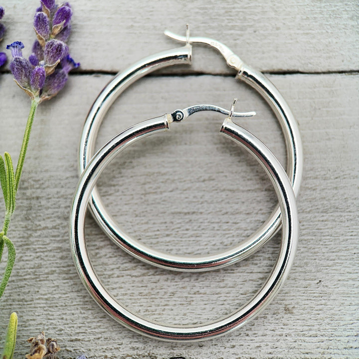 Sterling Silver Hoop Earrings 1.5 inch | 40mm x 3mm Thick Silver Filled Hoops, Bold Lightweight Hinged | Everyday Statement Silver Jewelry - SunlightSilver
