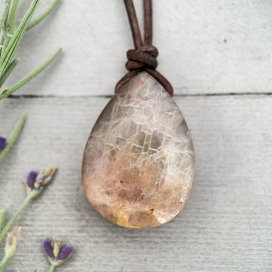 Sunstone Teardrop Necklace | Brown Leather Cord Jewelry | Peach Sunstone Pendant | Natural Gemstone Jewelry - SunlightSilver