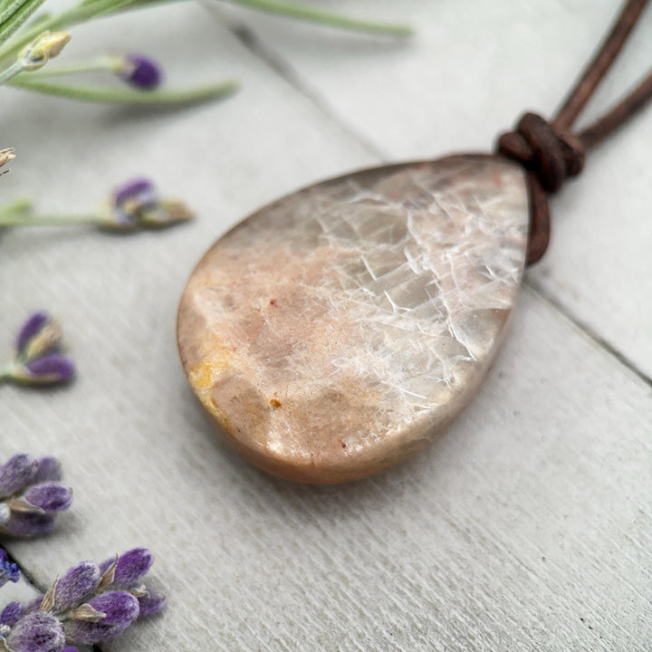 Sunstone Teardrop Necklace | Brown Leather Cord Jewelry | Peach Sunstone Pendant | Natural Gemstone Jewelry - SunlightSilver