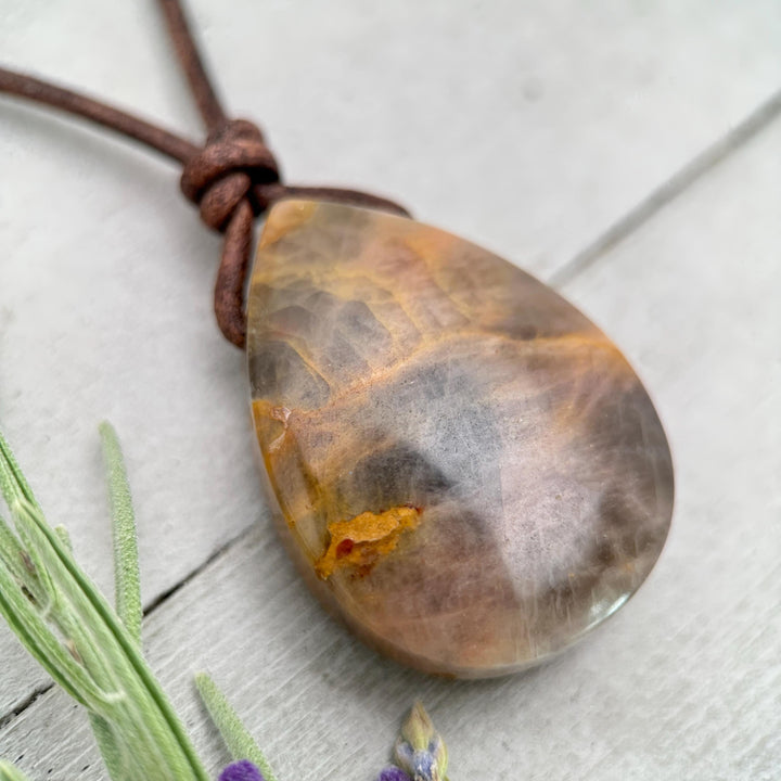 Sunstone Teardrop Necklace | Brown Leather Cord Jewelry | Peach Sunstone Pendant | Natural Gemstone Jewelry - SunlightSilver