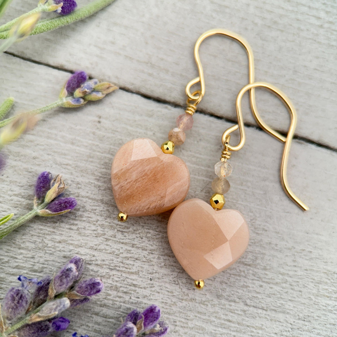 Sunstone Heart Earrings - Faceted Peach Gemstone Dangles -14k Gold Fill Earrings - Golden Heart Jewelry - SunlightSilver