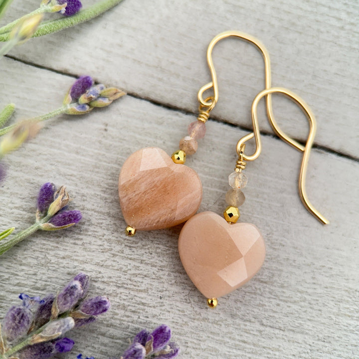 Sunstone Heart Earrings - Faceted Peach Gemstone Dangles -14k Gold Fill Earrings - Golden Heart Jewelry - SunlightSilver