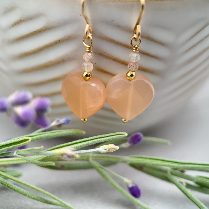 Sunstone Heart Earrings - Faceted Peach Gemstone Dangles -14k Gold Fill Earrings - Golden Heart Jewelry - SunlightSilver