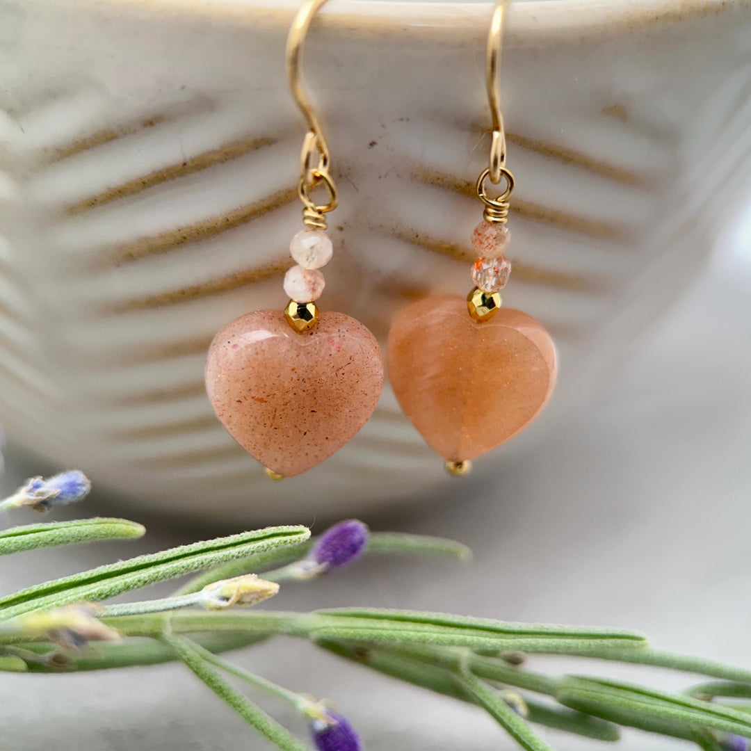 Sunstone Heart Earrings - Faceted Peach Gemstone Dangles -14k Gold Fill Earrings - Golden Heart Jewelry - SunlightSilver