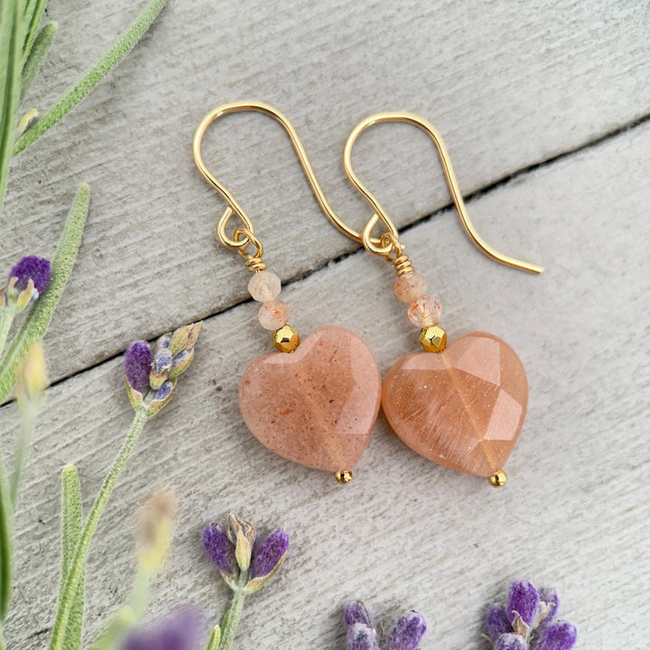 Sunstone Heart Earrings - Faceted Peach Gemstone Dangles -14k Gold Fill Earrings - Golden Heart Jewelry - SunlightSilver
