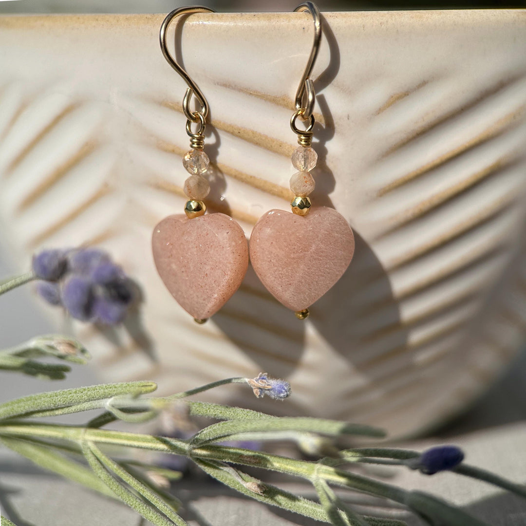 Sunstone Heart Earrings - Faceted Peach Gemstone Dangles -14k Gold Fill Earrings - Golden Heart Jewelry - SunlightSilver