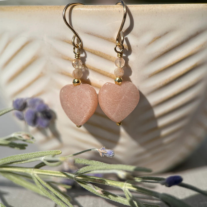 Sunstone Heart Earrings - Faceted Peach Gemstone Dangles -14k Gold Fill Earrings - Golden Heart Jewelry - SunlightSilver
