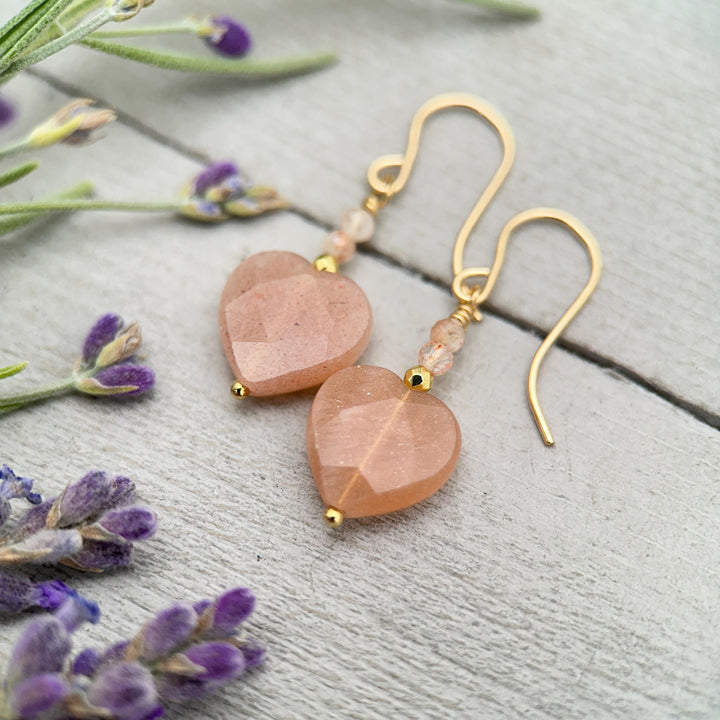 Sunstone Heart Earrings - Faceted Peach Gemstone Dangles -14k Gold Fill Earrings - Golden Heart Jewelry - SunlightSilver