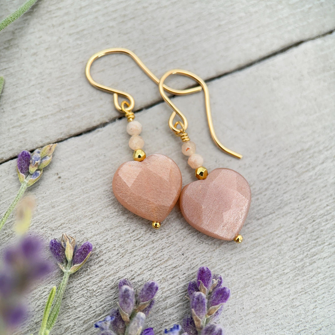 Sunstone Heart Earrings - Faceted Peach Gemstone Dangles -14k Gold Fill Earrings - Golden Heart Jewelry - SunlightSilver