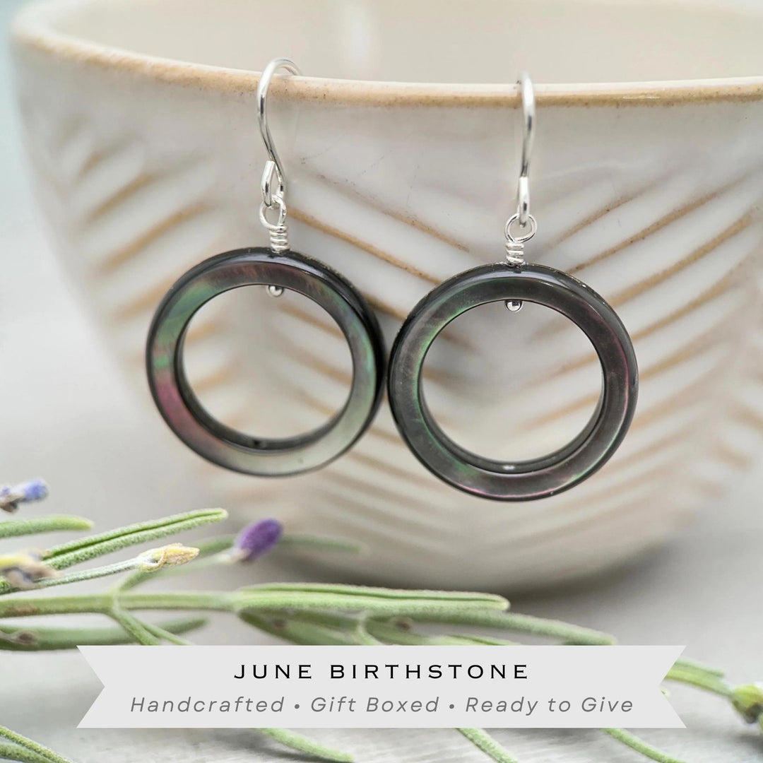 Black Mother of Pearl Earrings – Elegant Sterling Silver Shell Loop Jewelry - Black Lip Oyster Shell Hoop Earrings - SunlightSilver