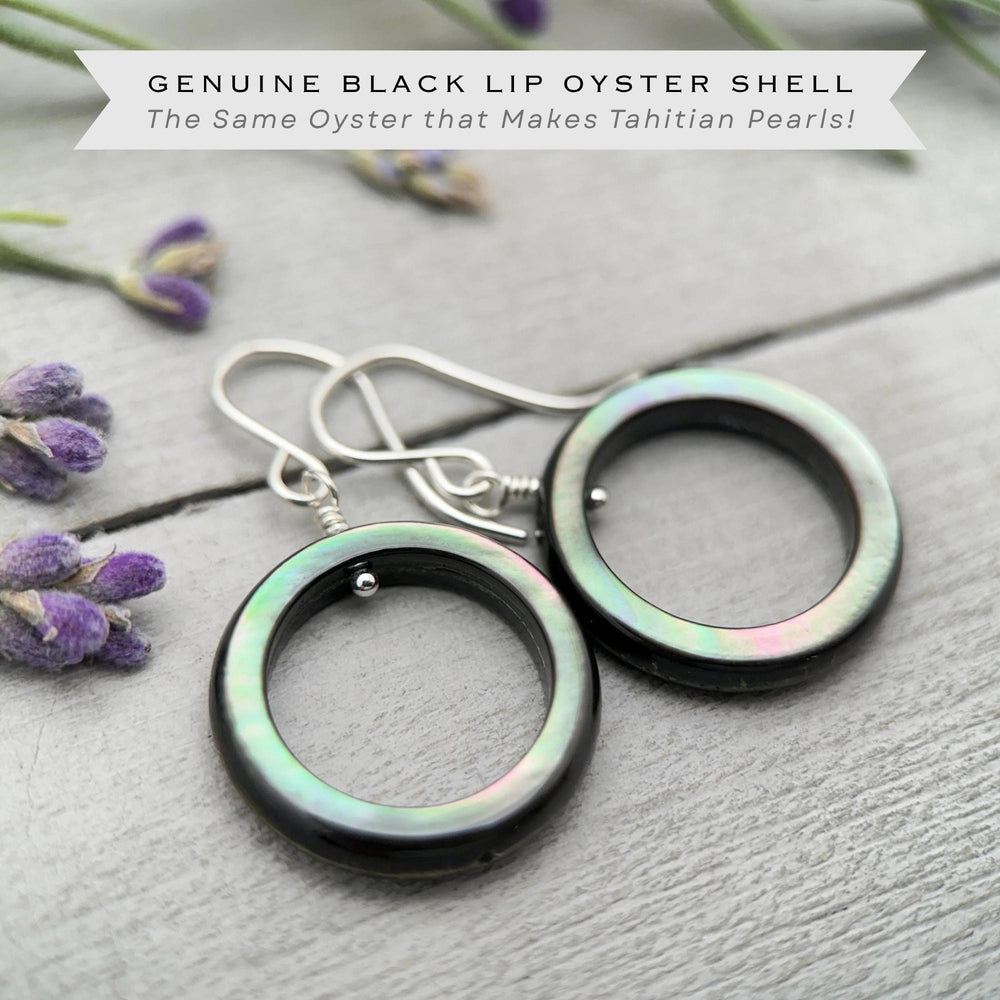 Black Mother of Pearl Earrings – Elegant Sterling Silver Shell Loop Jewelry - Black Lip Oyster Shell Hoop Earrings - SunlightSilver