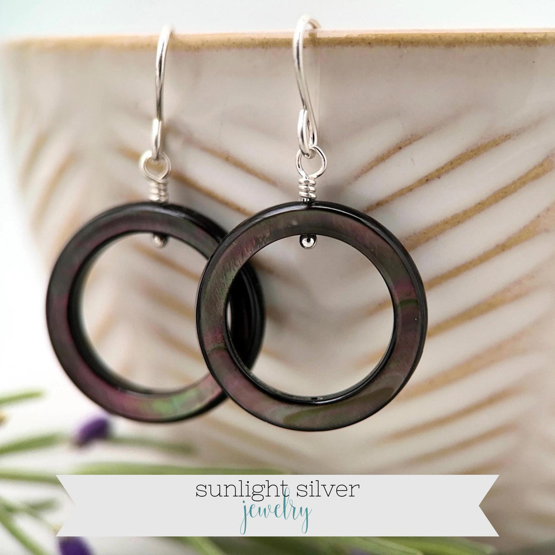 Black Mother of Pearl Earrings – Elegant Sterling Silver Shell Loop Jewelry - Black Lip Oyster Shell Hoop Earrings - SunlightSilver
