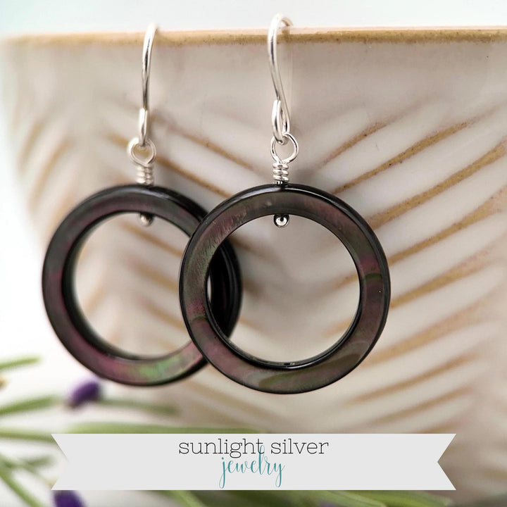 Black Mother of Pearl Earrings – Elegant Sterling Silver Shell Loop Jewelry - Black Lip Oyster Shell Hoop Earrings - SunlightSilver