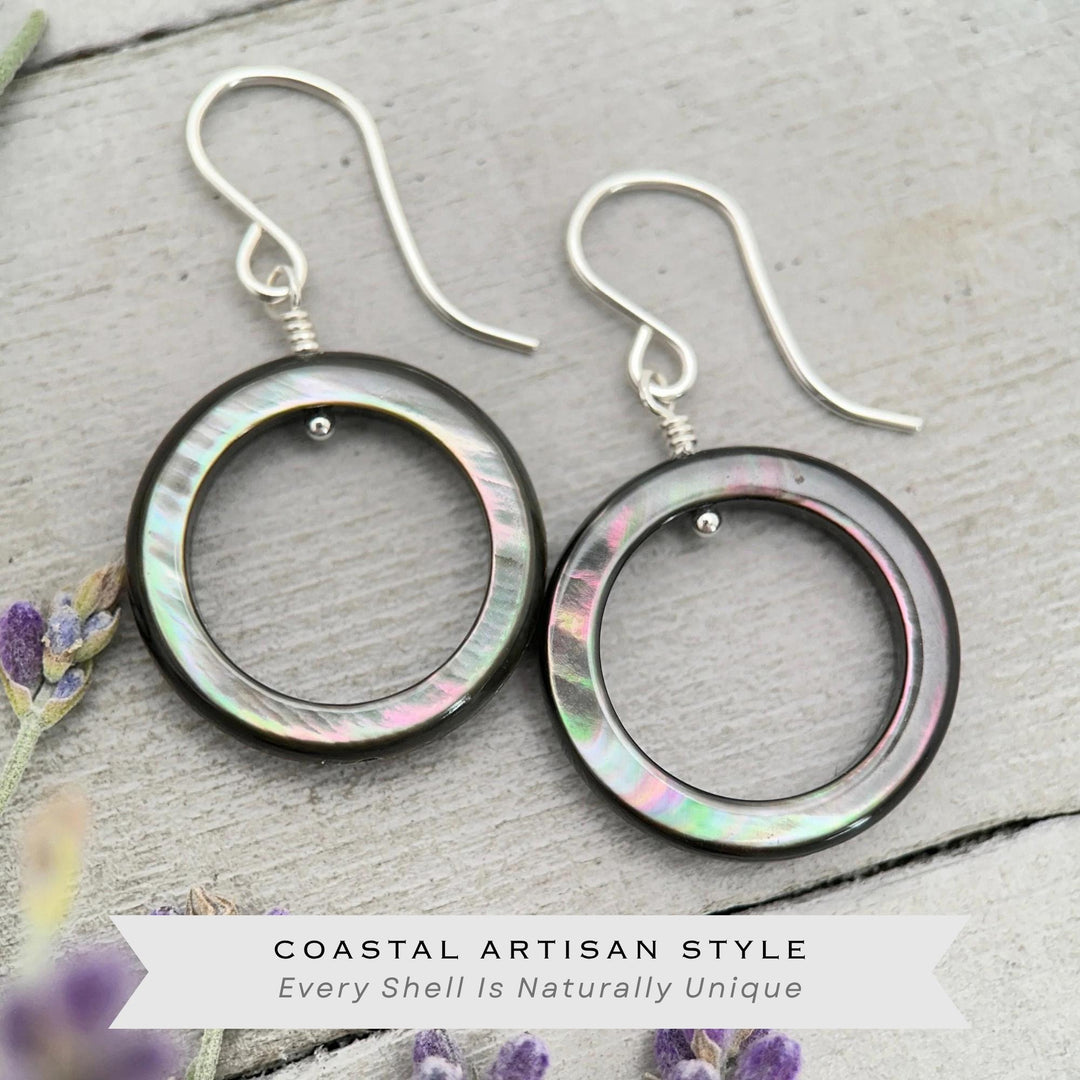 Black Mother of Pearl Earrings – Elegant Sterling Silver Shell Loop Jewelry - Black Lip Oyster Shell Hoop Earrings - SunlightSilver