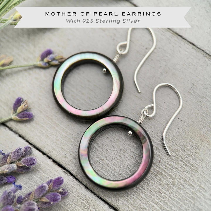 Black Mother of Pearl Earrings – Elegant Sterling Silver Shell Loop Jewelry - Black Lip Oyster Shell Hoop Earrings - SunlightSilver