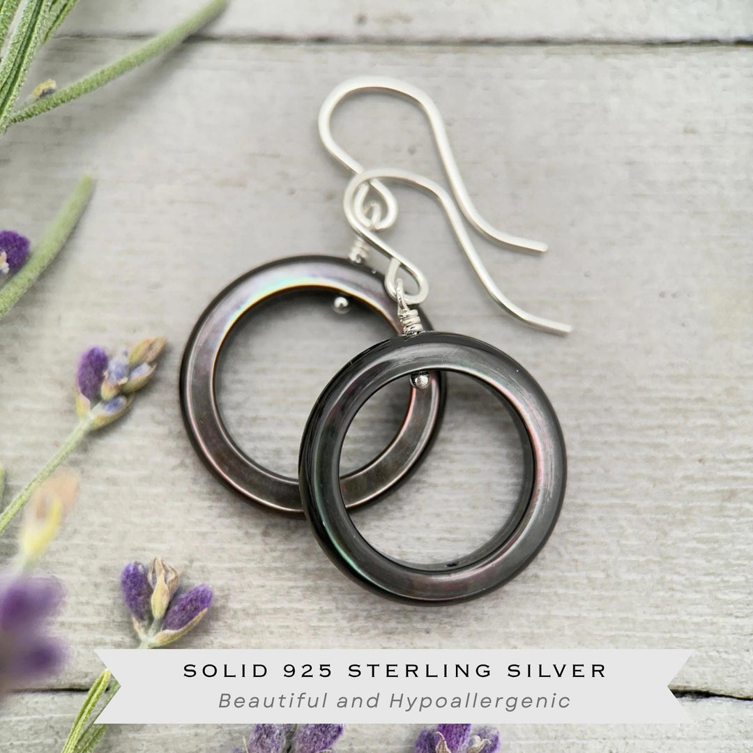 Black Mother of Pearl Earrings – Elegant Sterling Silver Shell Loop Jewelry - Black Lip Oyster Shell Hoop Earrings - SunlightSilver