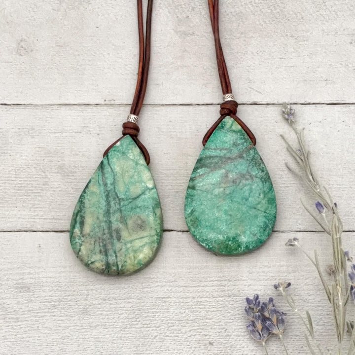 Chrysocolla, Sterling Silver, and Leather Necklace - SunlightSilver