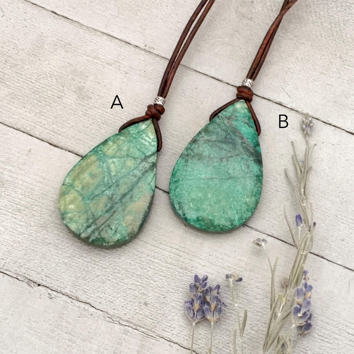 Chrysocolla, Sterling Silver, and Leather Necklace - SunlightSilver