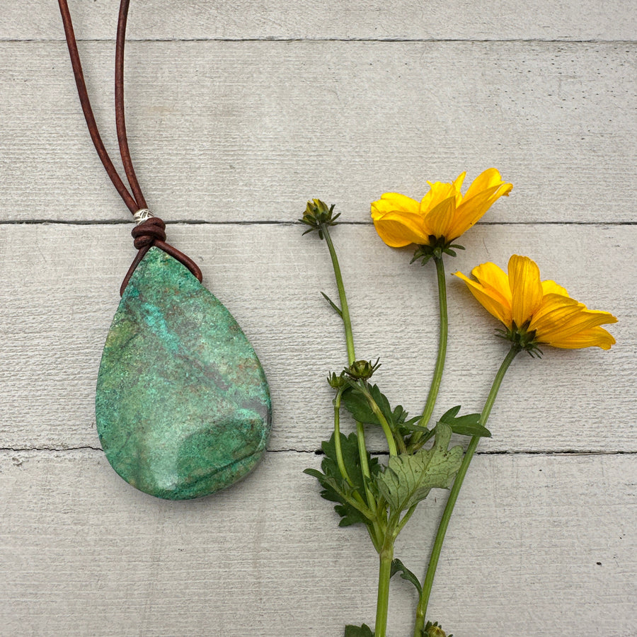 Chrysocolla, Sterling Silver, and Leather Necklace - SunlightSilver