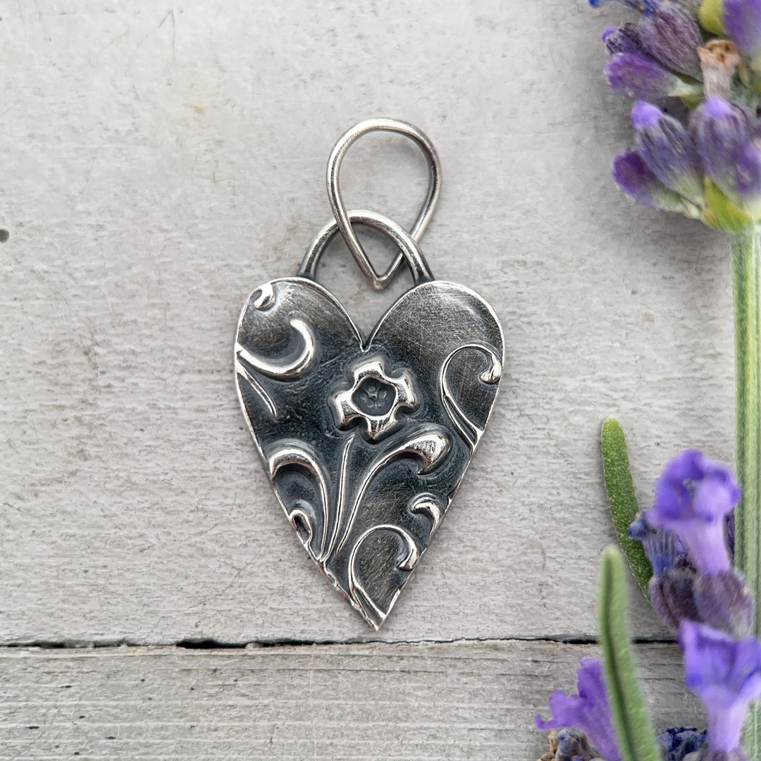 Sterling Silver Heart Pendant – Floral Textured Charm – Handmade Silver Jewelry – Gift for Her - SunlightSilver