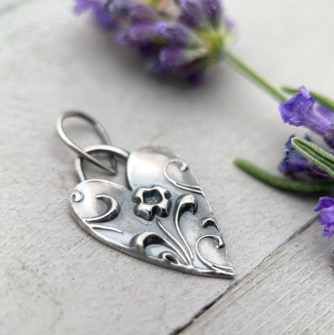 Sterling Silver Heart Pendant – Floral Textured Charm – Handmade Silver Jewelry – Gift for Her - SunlightSilver