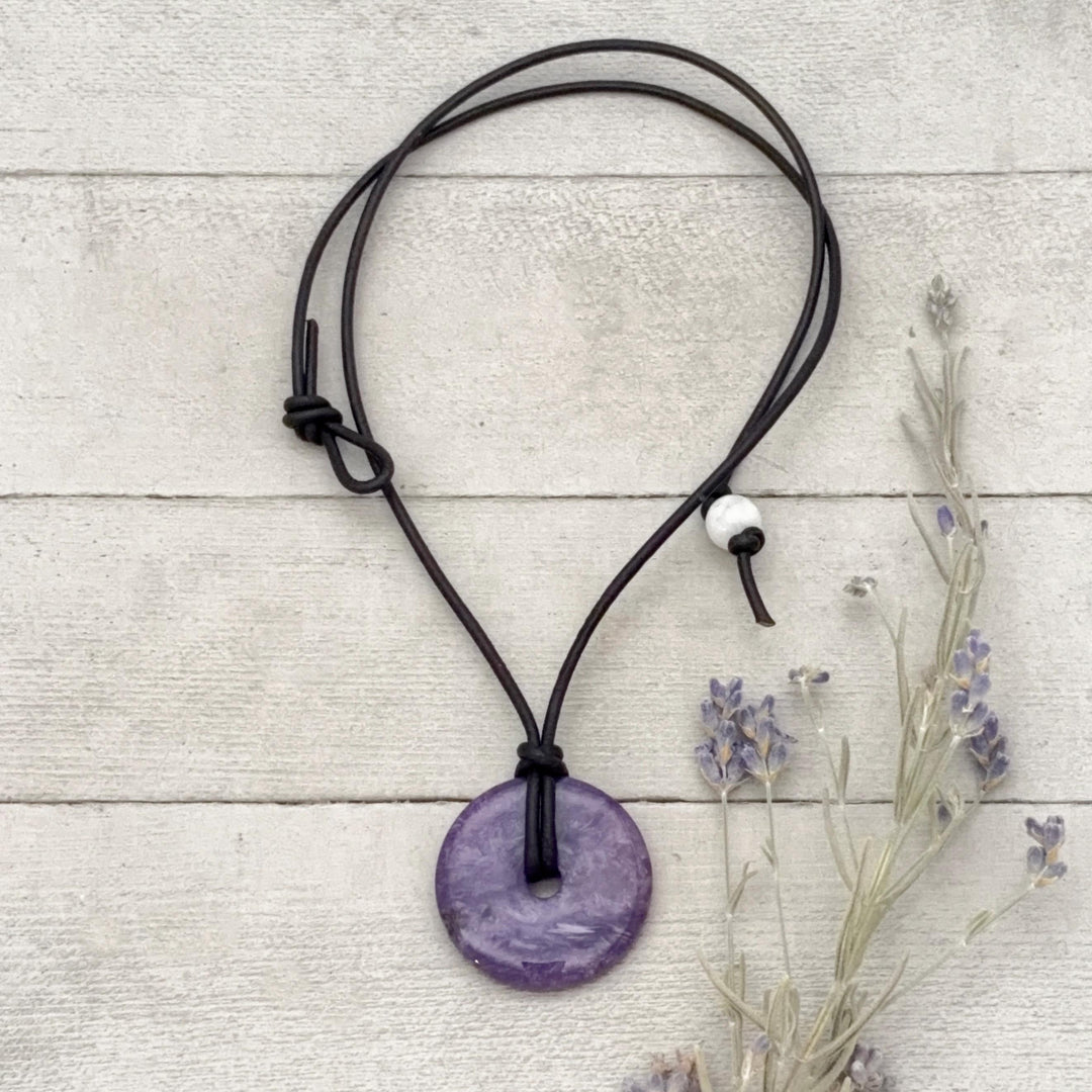 Purple Charoite and Black Leather Choker Necklace - SunlightSilver