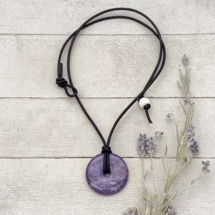 Purple Charoite and Black Leather Choker Necklace - SunlightSilver
