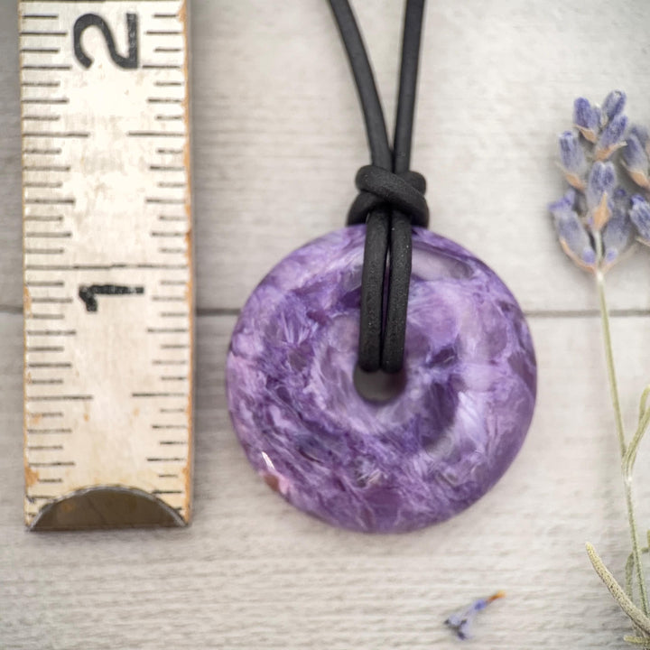 Purple Charoite and Black Leather Choker Necklace - SunlightSilver