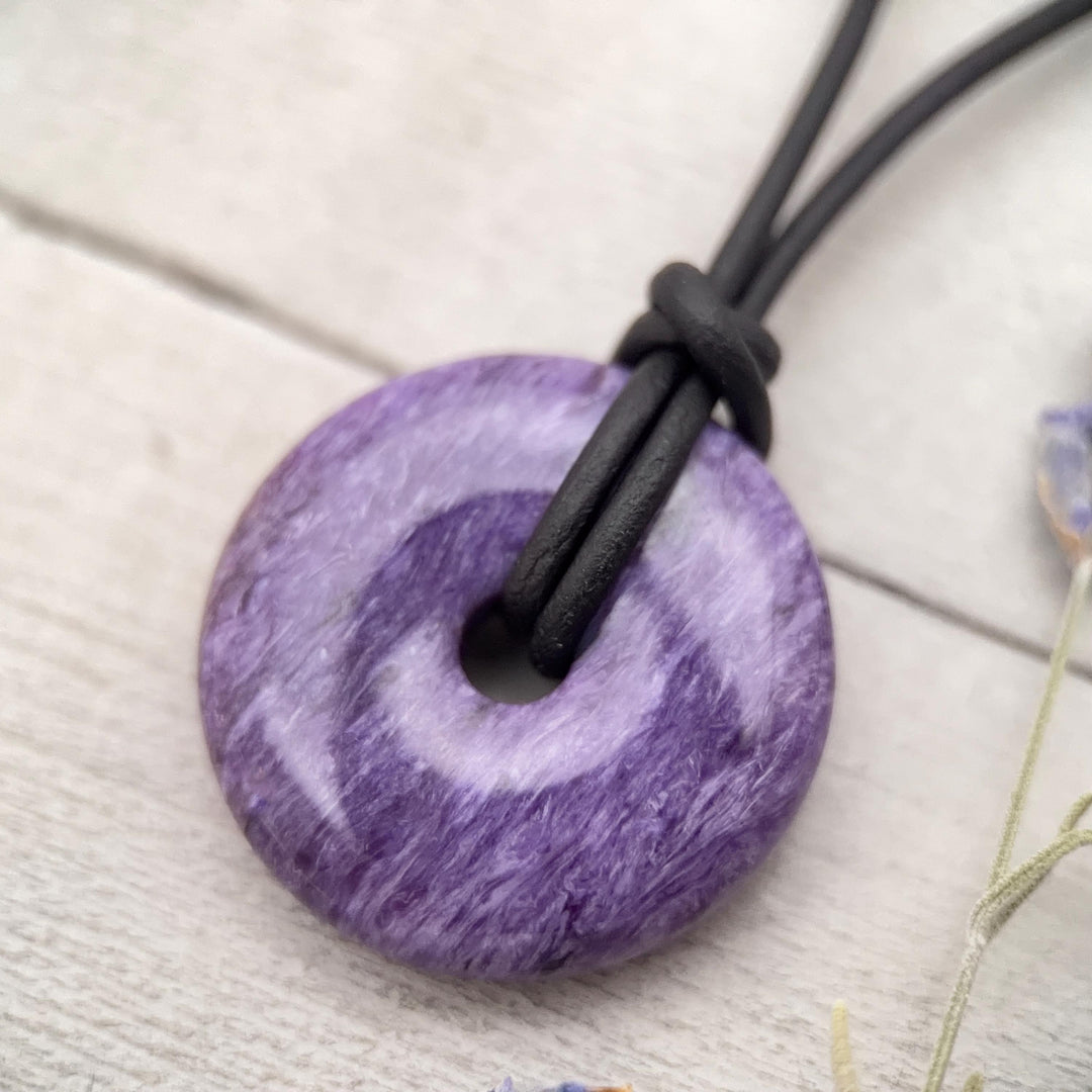 Purple Charoite and Black Leather Choker Necklace - SunlightSilver