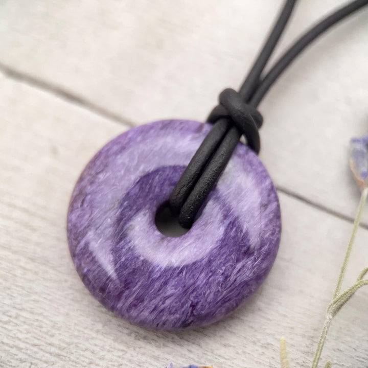 Purple Charoite and Black Leather Choker Necklace - SunlightSilver