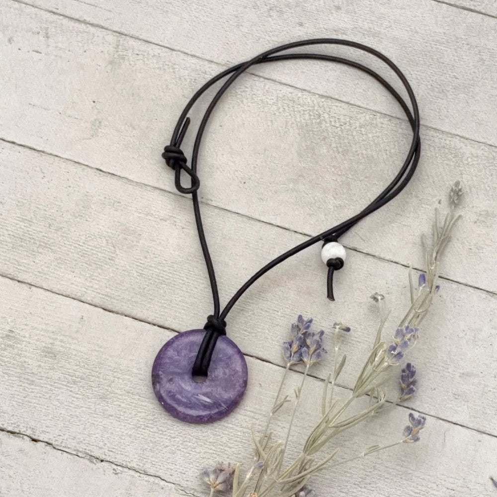 Purple Charoite and Black Leather Choker Necklace - SunlightSilver