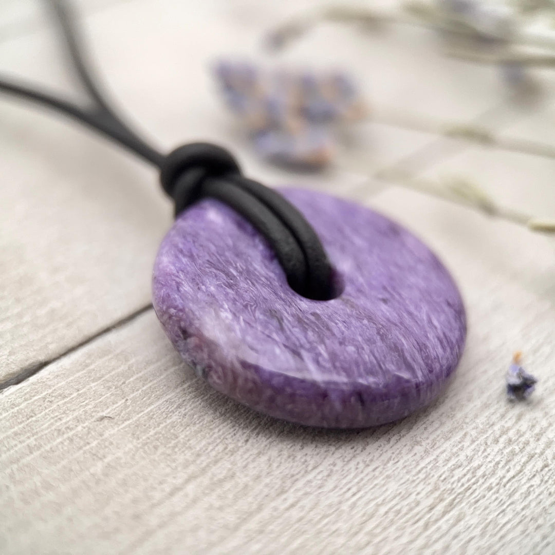 Purple Charoite and Black Leather Choker Necklace - SunlightSilver
