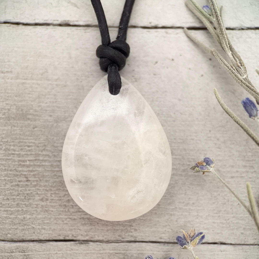 Crystal Quartz Point Pendant Leather Necklace - SunlightSilver