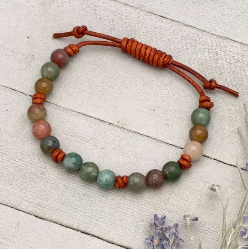 Indian Agate Bracelet | Adjustable Gemstone, Rustic Brown Leather Jewelry for Men or Women, Natural Earth Tone Jewelry - SunlightSilver