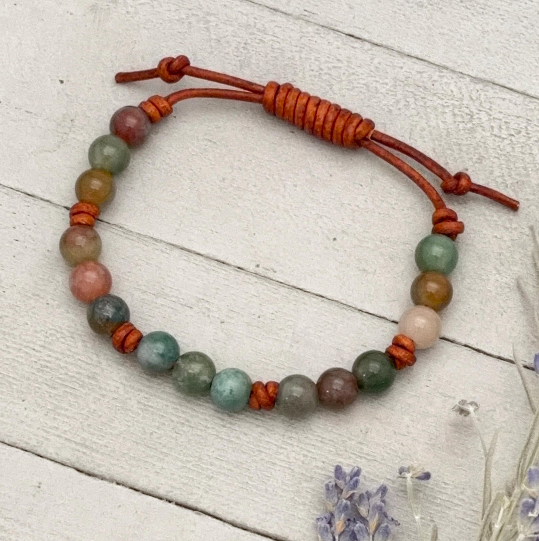 Indian Agate Bracelet | Adjustable Gemstone, Rustic Brown Leather Jewelry for Men or Women, Natural Earth Tone Jewelry - SunlightSilver