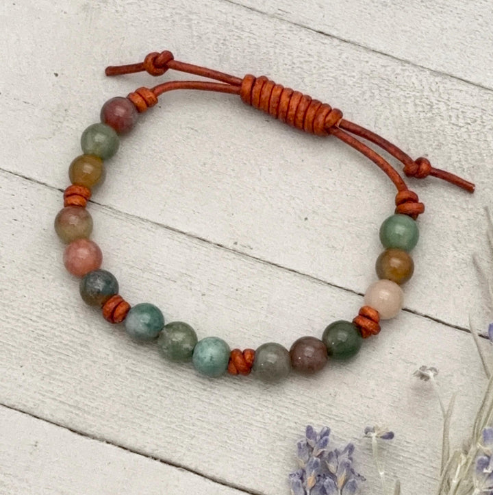 Indian Agate Bracelet | Adjustable Gemstone, Rustic Brown Leather Jewelry for Men or Women, Natural Earth Tone Jewelry - SunlightSilver