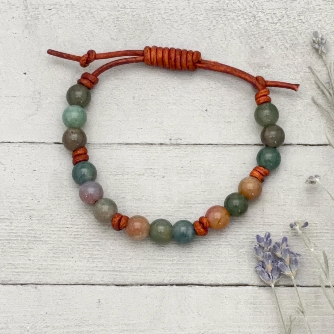 Indian Agate Bracelet | Adjustable Gemstone, Rustic Brown Leather Jewelry for Men or Women, Natural Earth Tone Jewelry - SunlightSilver