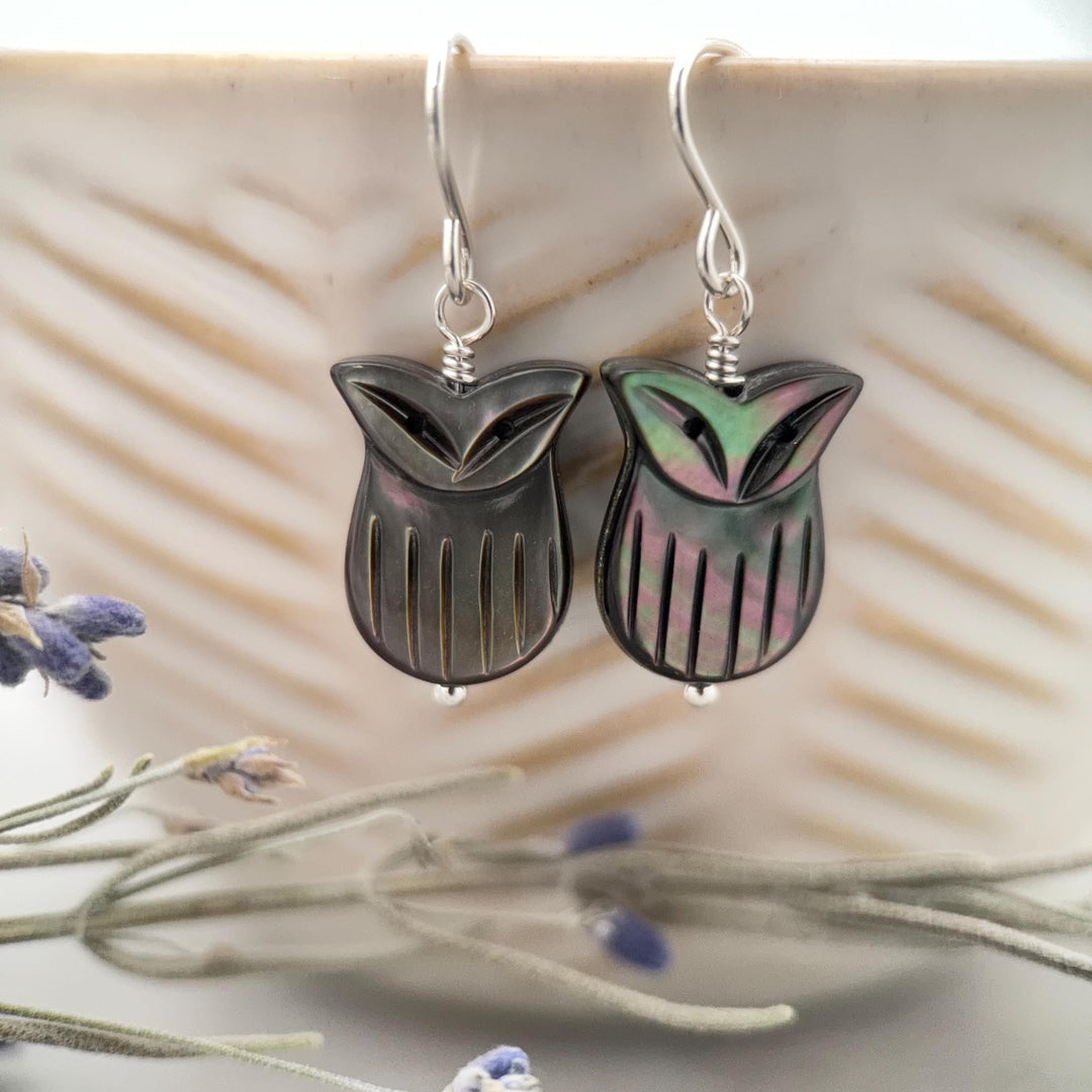 Owl Earrings, Black Lip Oyster Shell & Sterling Silver Dangles, Whimsigoth Jewelry, Iridescent Gothic Nature Jewelry - SunlightSilver