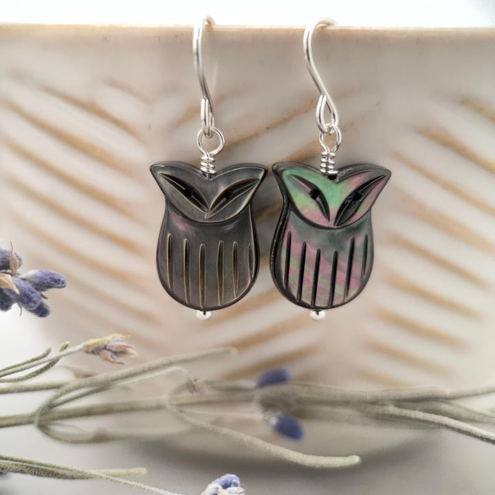Owl Earrings, Black Lip Oyster Shell & Sterling Silver Dangles, Whimsigoth Jewelry, Iridescent Gothic Nature Jewelry - SunlightSilver