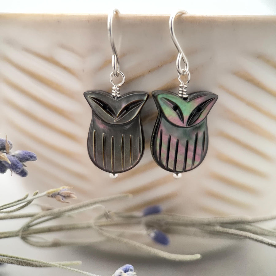Owl Earrings, Black Lip Oyster Shell & Sterling Silver Dangles, Whimsigoth Jewelry, Iridescent Gothic Nature Jewelry - SunlightSilver