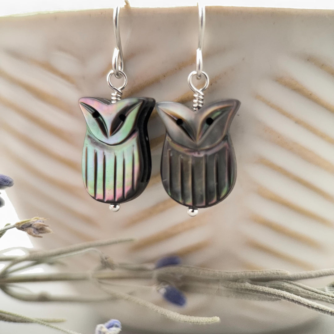 Owl Earrings, Black Lip Oyster Shell & Sterling Silver Dangles, Whimsigoth Jewelry, Iridescent Gothic Nature Jewelry - SunlightSilver